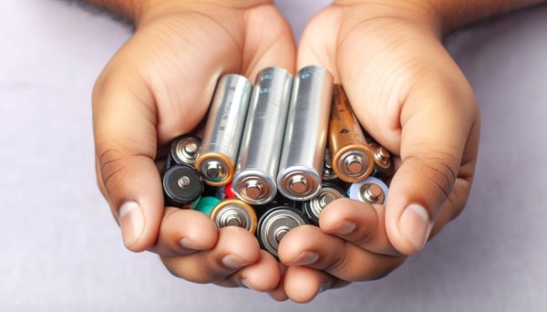 Close-up of hands cupped together holding various batteries, representing the concepts of control and power in insurance broker strategy.